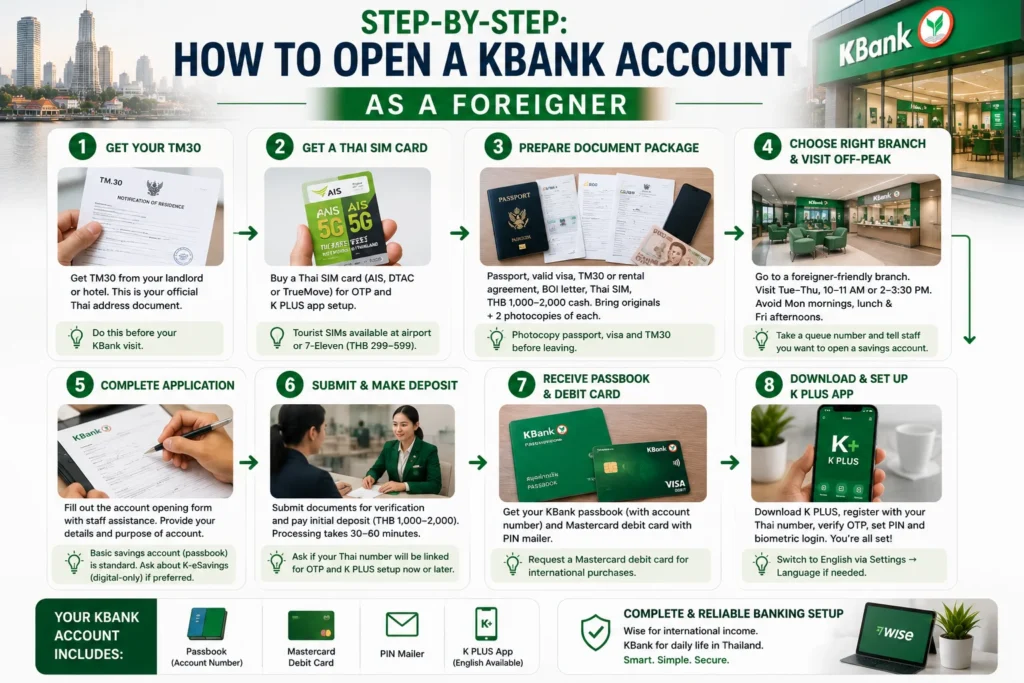 Step-by-step guide to opening a KBank Kasikorn for foreigners account in Thailand with passport, visa, required documents, and branch visit