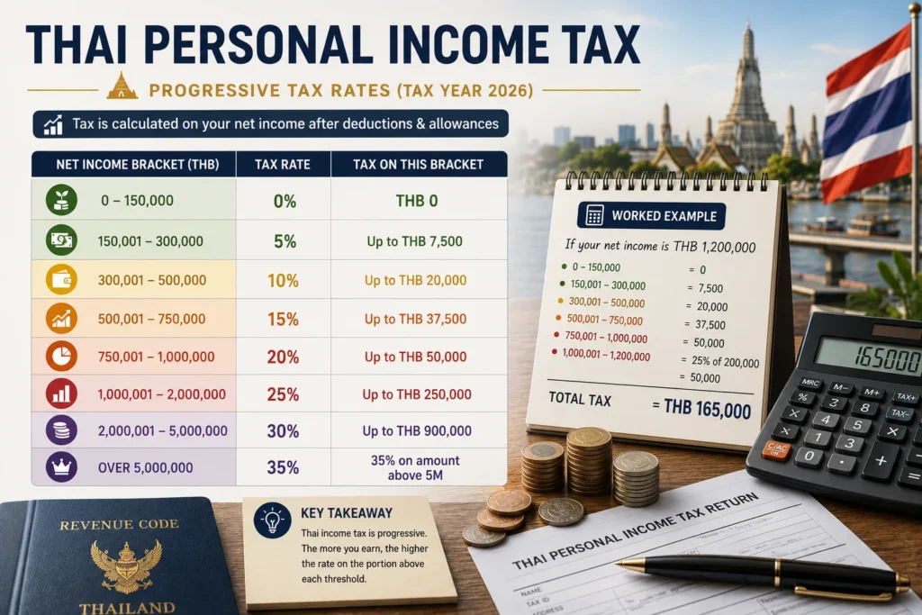Thai personal income tax rates and worked examples for a Thailand 180-day rule tax resident under Thailand's progressive tax system.