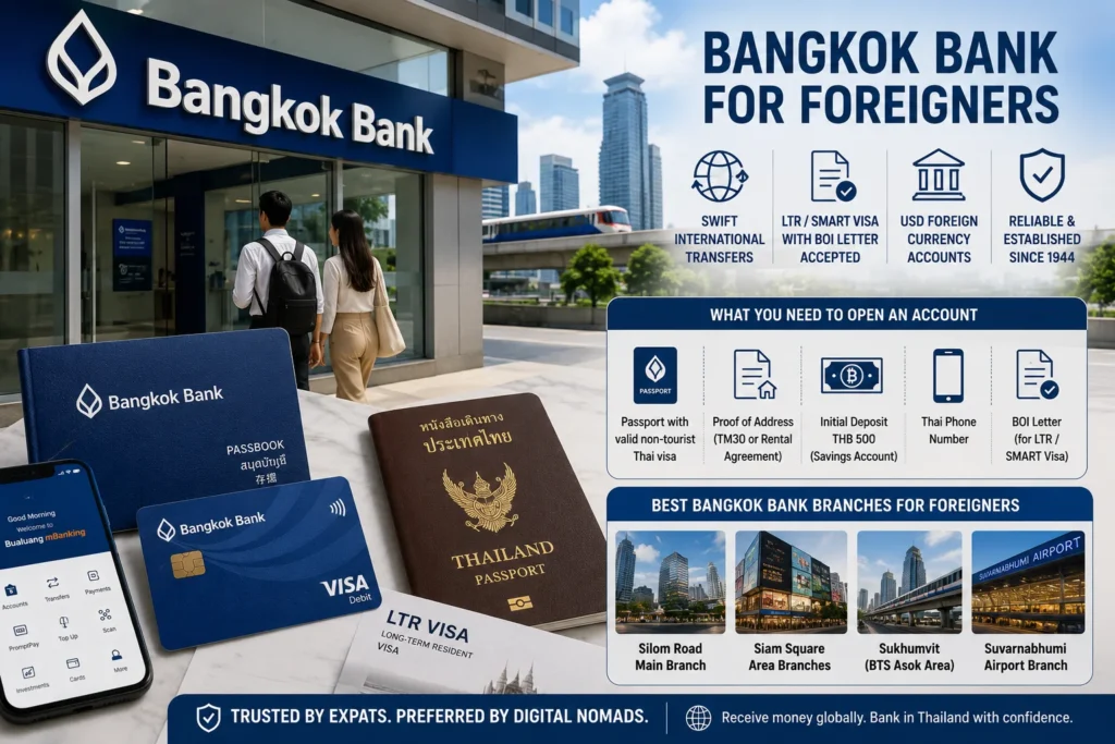 Bangkok Bank branch serving foreign customers with account opening information for Thailand banking digital nomads and international residents.