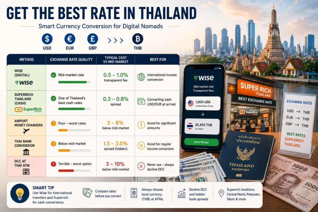 Thailand banking digital nomads comparing Wise and Thai bank exchange rates for converting international income into Thai baht at competitive rates.