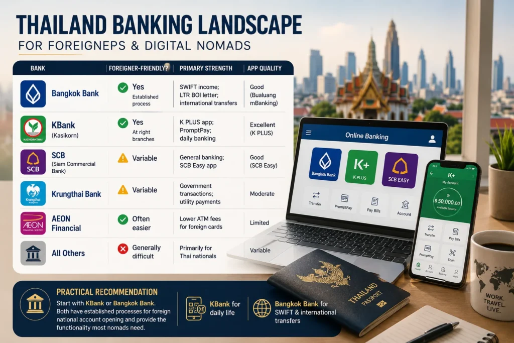 Thailand banking digital nomads guide explaining the Thailand banking landscape, major local banks, account options for foreigners, and essential banking requirements