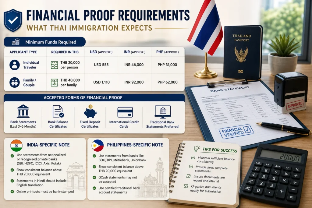 Thailand METV multiple entry tourist visa financial proof requirements showing bank statements, required funds, and supporting documents expected by Thai immigration.