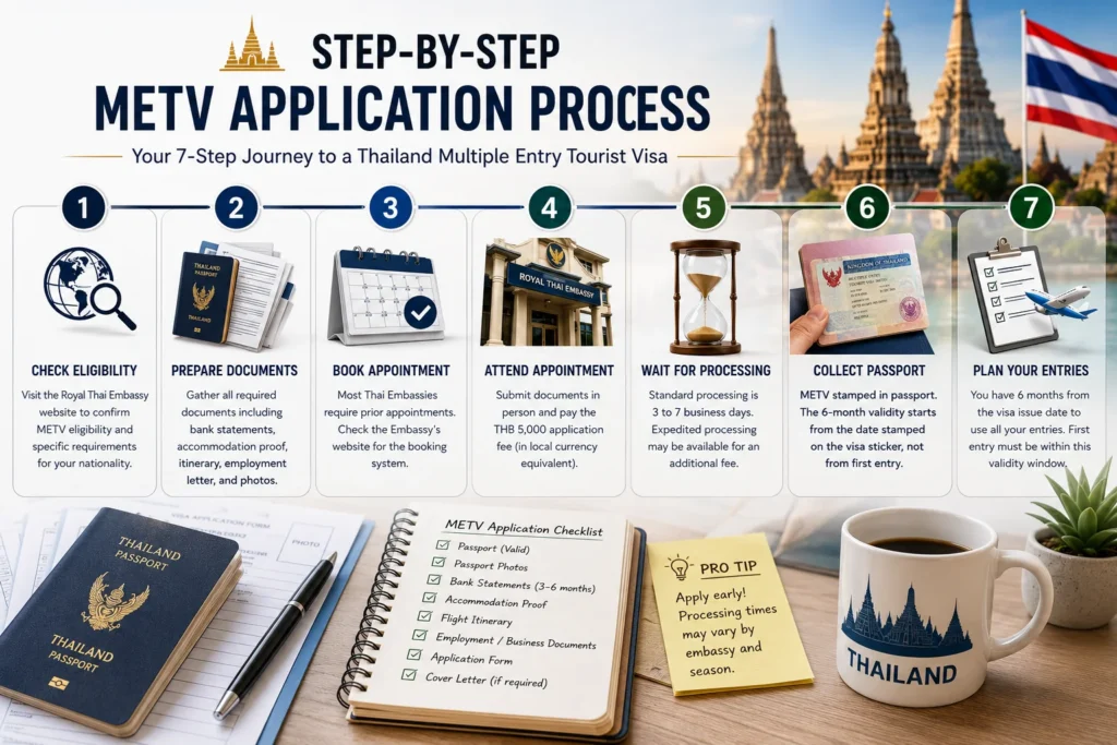 Thailand METV multiple entry tourist visa step-by-step application process showing document preparation, online application, fee payment, embassy review, approval, and travel to Thailand.
