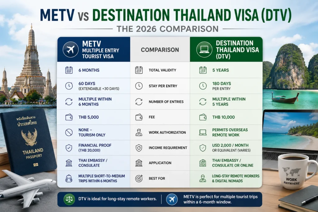Thailand METV multiple entry tourist visa compared with the Destination Thailand Visa (DTV), highlighting validity, stay duration, eligibility, fees, and long-stay benefits for 2026.
