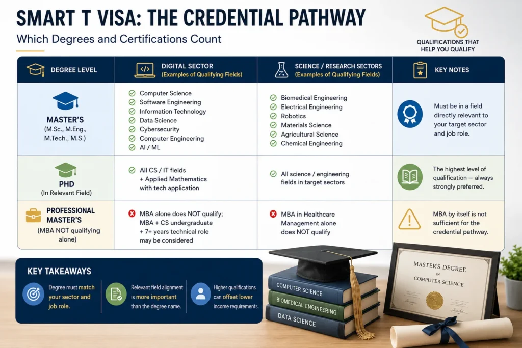 Thailand SMART T Talented Category credential pathway showing eligible degrees, professional certifications, and academic qualifications required for SMART Visa T applicants.