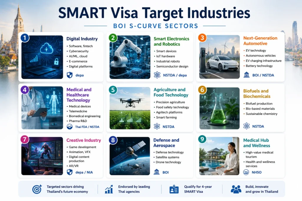 Thailand SMART Visa infographic highlighting BOI S-Curve target industries, including next-generation automotive, smart electronics, medical technology, digital, robotics, aviation, biofuels, biotechnology, and food innovation.