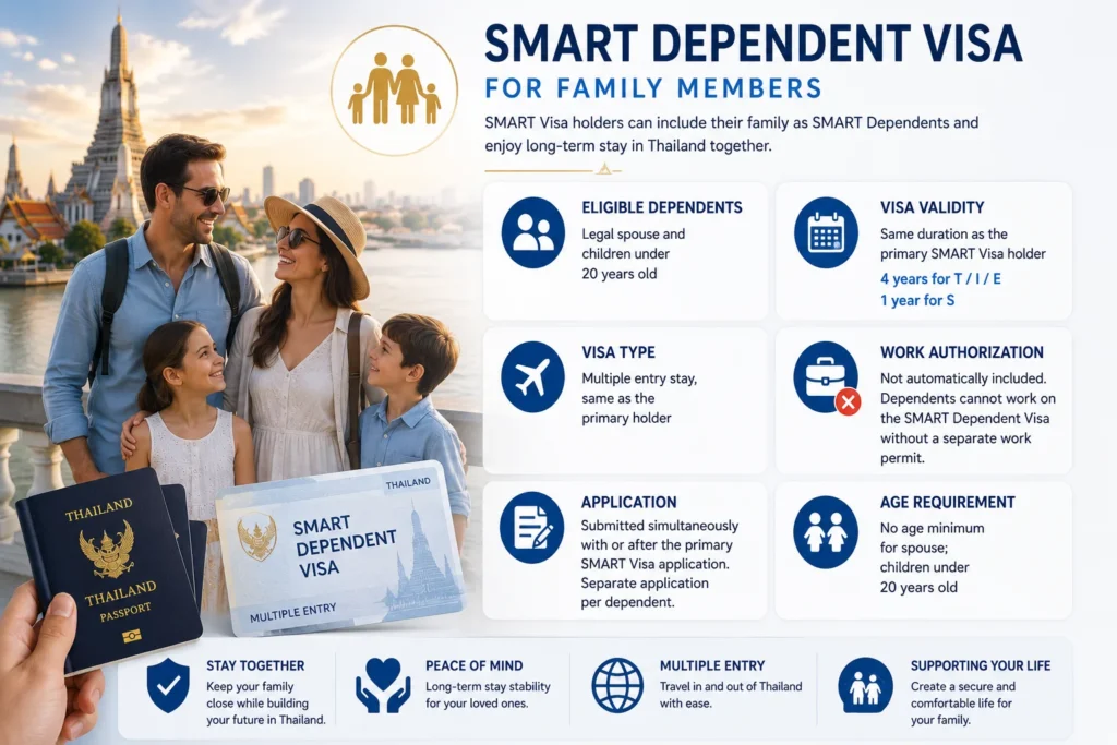 Thailand SMART Visa Smart O dependent visa for spouses and children, showing family eligibility, visa benefits, work rights, and application requirements.