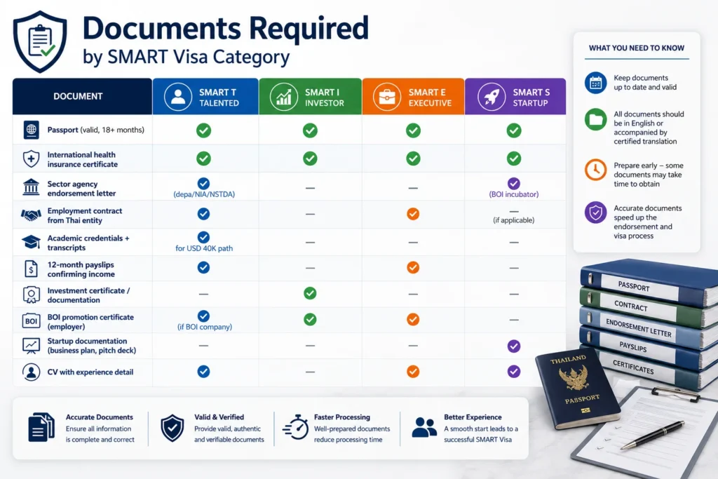 Thailand SMART Visa document checklist comparing the required documents for Talented (T), Investor (I), Executive (E), and Startup (S) visa categories.