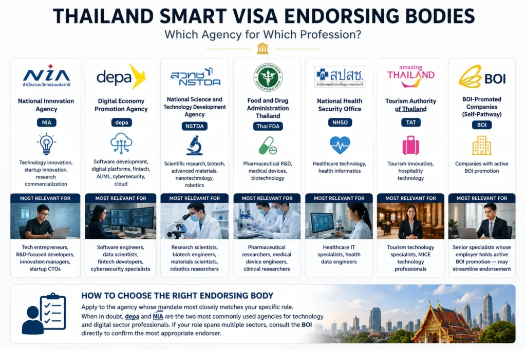 Thailand SMART Visa endorsement process showing the endorsing government agencies assigned to different professional sectors and occupations.