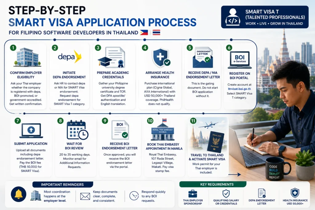 Step-by-step application process for Thailand SMART Visa Filipino software developers, from depa endorsement to SMART Visa approval.