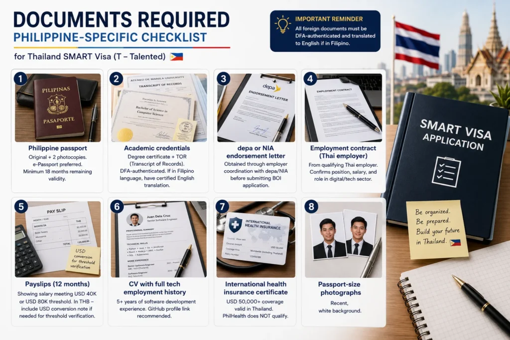 Documents required for Thailand SMART Visa Filipino software developers, including Philippine-specific application requirements and supporting documents.