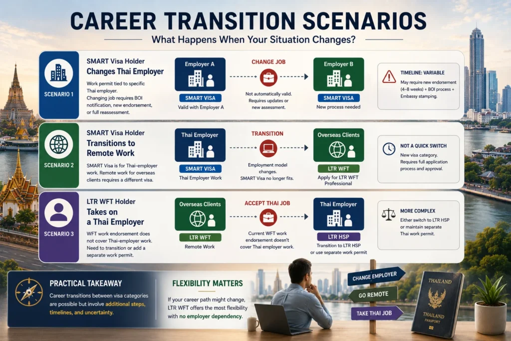 Thailand SMART Visa vs LTR Visa career transition scenarios showing how visa eligibility and options change when professionals switch between Thai employment, remote work, or new career paths.