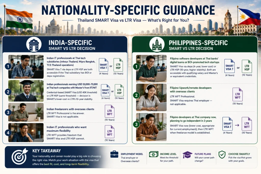 Thailand SMART Visa vs LTR Visa guidance for Indian and Filipino professionals comparing eligibility, work pathways, visa requirements, and long-term residency options.