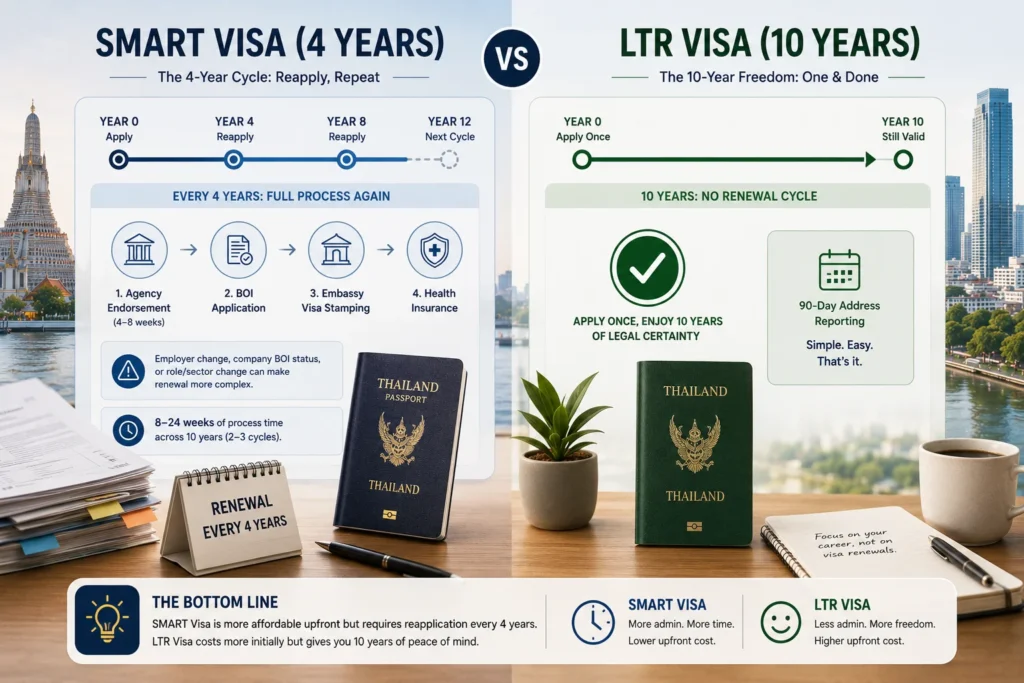 Thailand SMART Visa vs LTR Visa framework comparing SMART Visa, LTR Work-From-Thailand Professional (WFT), and LTR Highly Skilled Professional (HSP) by eligibility, employer type, work model, and visa suitability.