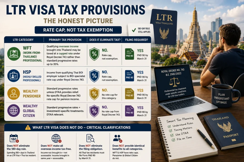 Thailand tax residency digital nomads guide explaining LTR Visa tax provisions, tax benefits, eligibility, and common misconceptions under Thailand's tax rules.