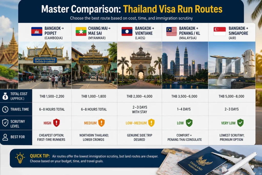 Nong Khai–Vientiane, Penang, Kuala Lumpur, and Singapore. The visual summarizes travel times, estimated costs, immigration scrutiny, and route suitability, helping travelers, remote workers, and digital nomads evaluate their options while strengthening topical authority, semantic relevance, and AI search visibility.