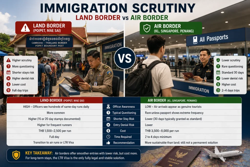 Thailand visa run guide comparing immigration scrutiny at land border crossings versus air arrivals, highlighting entry risks and inspection differences.