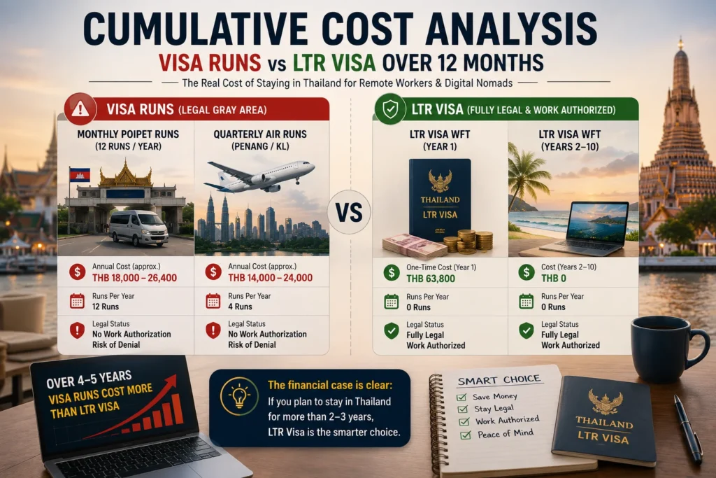 Thailand visa run guide cost comparison chart showing cumulative expenses of repeated visa runs versus the Thailand LTR Visa over 12 months.