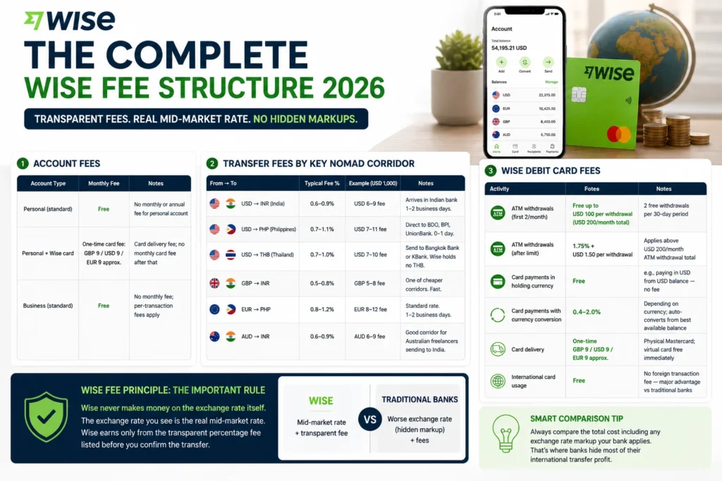 The Complete Wise Fee Structure 2026 showing transfer fees, currency conversion costs, debit card charges, ATM withdrawal limits, and international payment pricing.