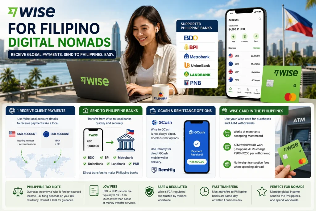 Wise for Filipino digital nomads featuring international money transfers, multi-currency account, overseas payments, and transfers to Philippine bank accounts.