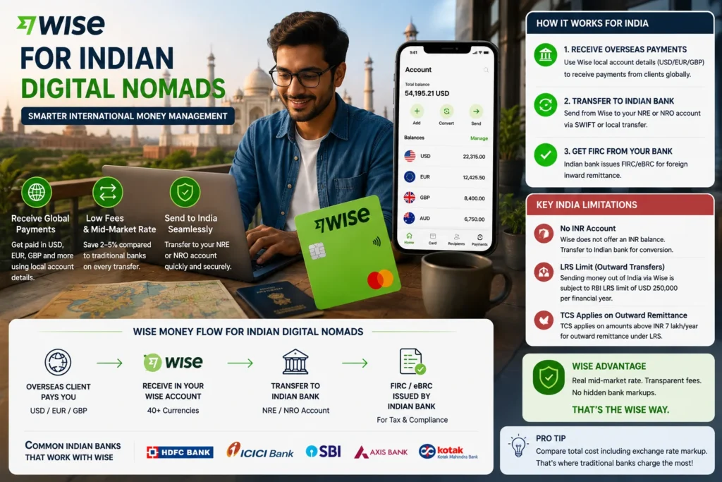 Wise for Indian digital nomads showing international money transfers, multi-currency account features, overseas payments, and sending funds to Indian bank accounts.