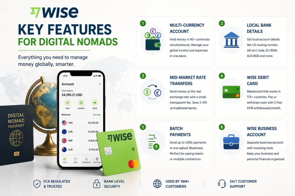 Wise key features for digital nomads including a multi-currency account, international transfers, transparent fees, and a global debit card.