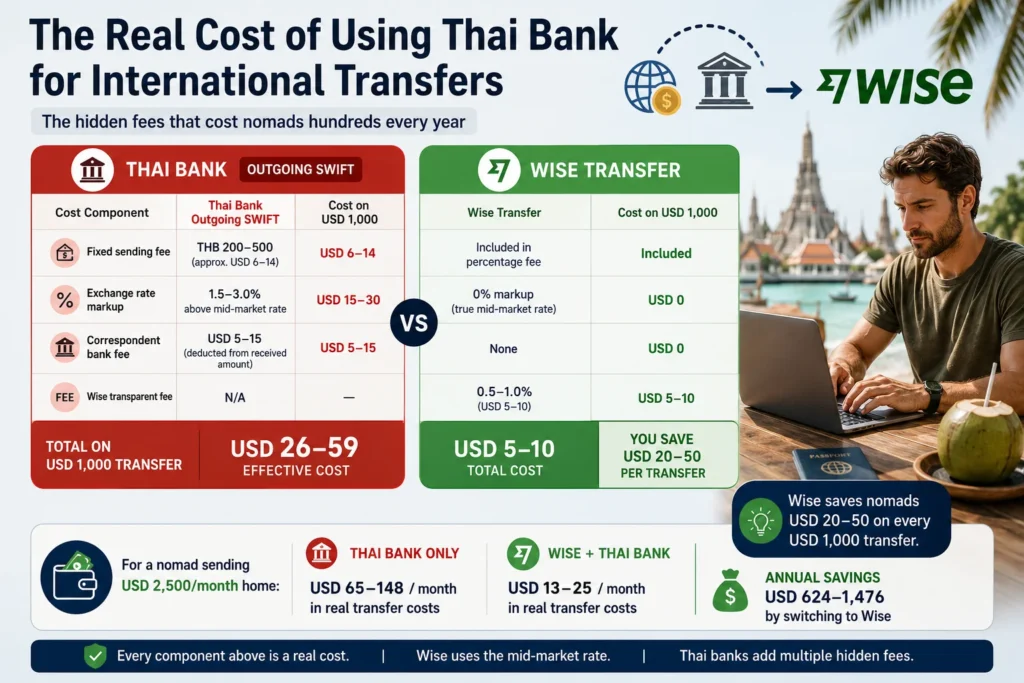 Wise vs Thai local bank comparison illustrating the real cost of using a Thai bank for international transfers, including SWIFT fees, exchange rate markup, and cross-border payment costs.