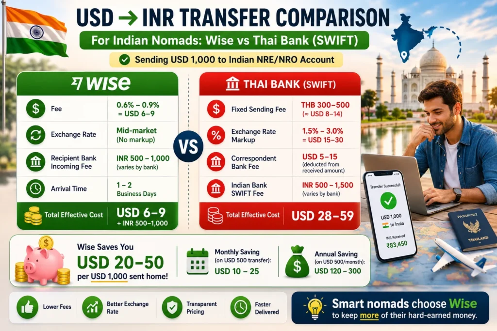 Wise vs Thai local bank comparison for Indian digital nomads showing USD to INR transfer costs, exchange rates, transfer fees, and annual savings