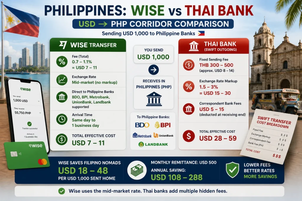 Wise vs Thai local bank comparison for Filipino digital nomads showing USD to PHP transfer fees, exchange rates, transfer speed, and annual savings