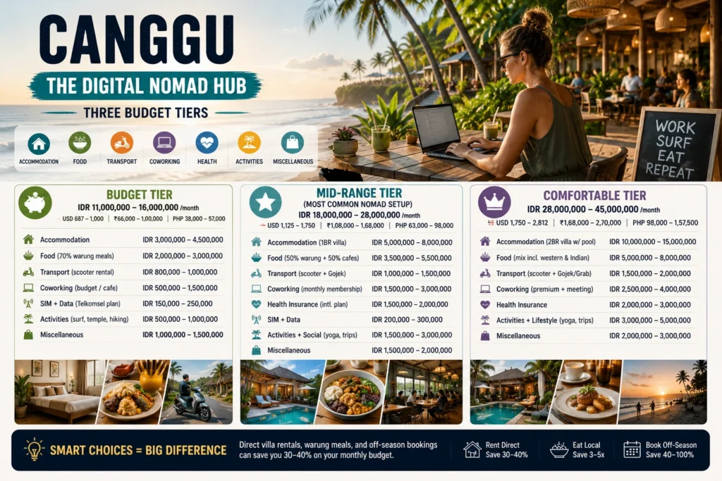 cost of living Bali digital nomads in Canggu across budget, comfortable and premium monthly lifestyle tiers