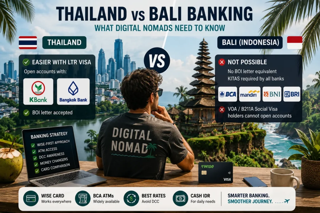 Bali banking digital nomads comparison showing how banking access in Bali differs from Thailand for foreign remote workers