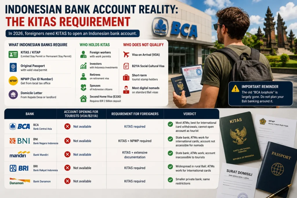 Bali banking digital nomads guide showing the KITAS requirement for foreigners opening an Indonesian bank account.