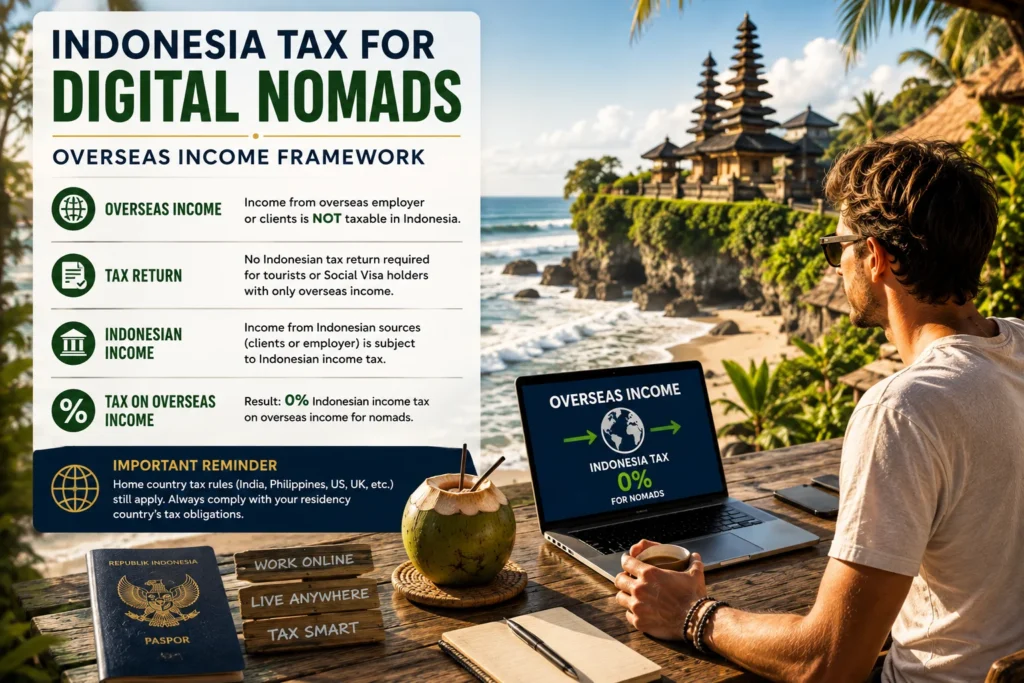 Bali digital nomad guide explaining Indonesia’s overseas income tax framework and tax residency rules for remote workers