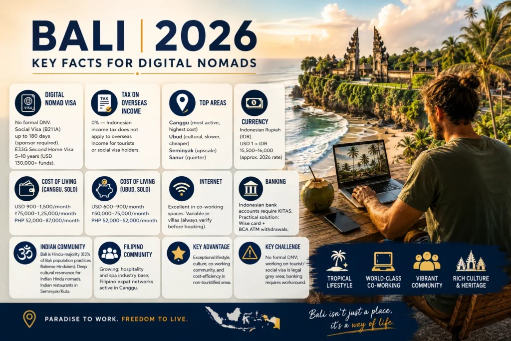 Bali digital nomad guide showing key facts on visas, living costs, internet, currency, and remote work in Bali