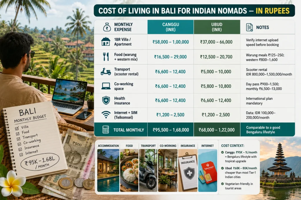 Cost of living in Bali for Indian digital nomads with monthly expenses shown in Indian rupees