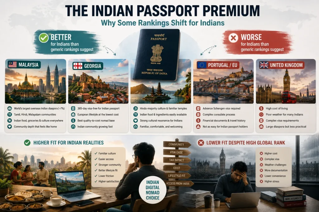 Best countries for Indian digital nomads showing how Indian passport access, visa requirements, and mobility factors can change global destination rankings.