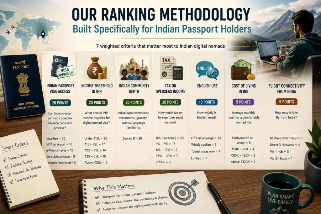 Best countries for Indian digital nomads ranking methodology based on Indian passport access, INR income thresholds, taxes, cost, community, English use, and flights