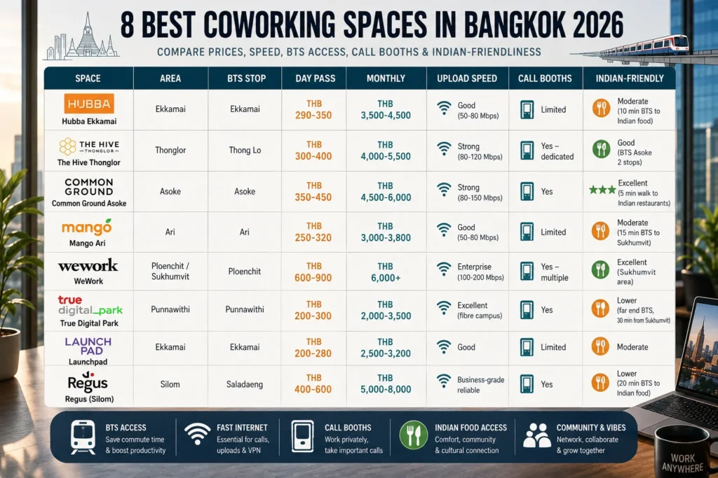 Comparison of eight best coworking spaces Bangkok digital nomads can consider by price, internet, call booths, BTS access, and location.