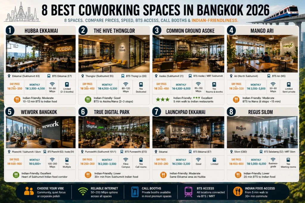 Profiles of the eight best coworking spaces Bangkok digital nomads can use for remote work in 2026.