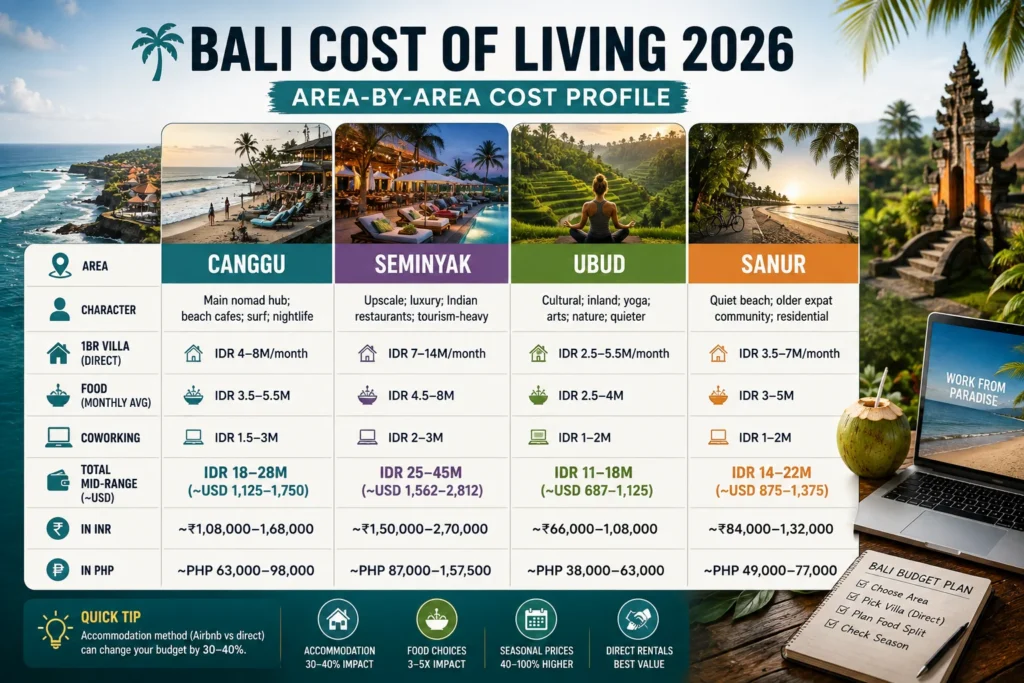 cost of living Bali digital nomads area comparison for Canggu, Ubud and Seminyak including accommodation, food and lifestyle costs
