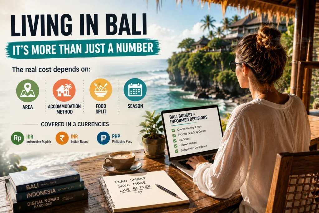cost of living Bali digital nomads budget overview showing typical accommodation, food, transport and daily expenses in 2026