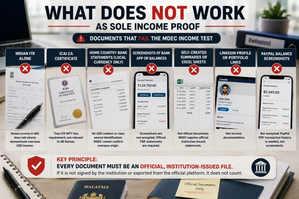Illustration showing documents that are not sufficient alone for DE Rantau income proof, including local tax returns and local currency bank statements.