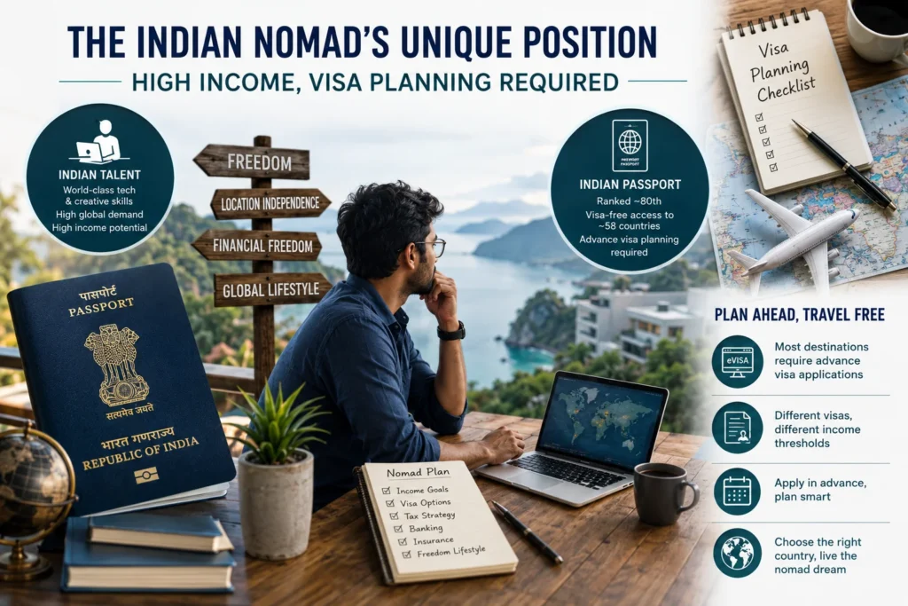 digital nomad guide Indian passport holders showing high remote income potential and the need for careful international visa planning