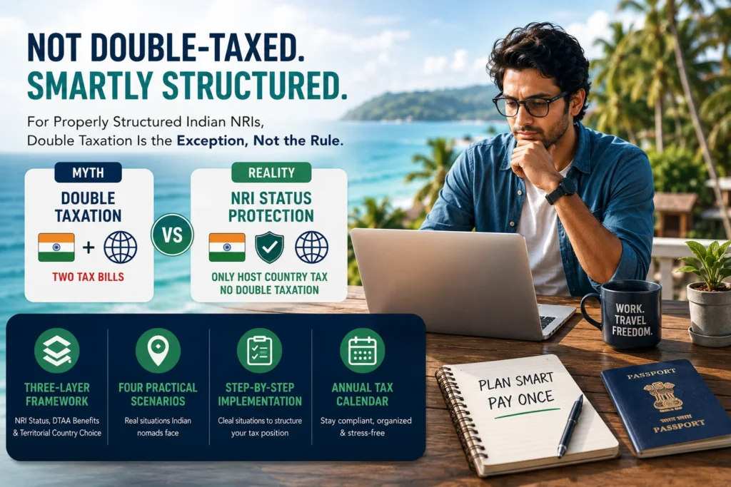 Visual explaining how Indian digital nomads avoid double taxation through NRI status, tax residency rules and cross-border tax planning.