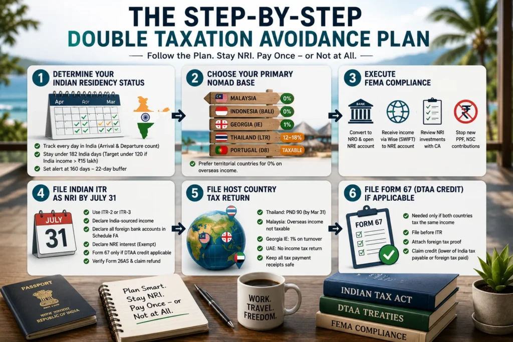 Step-by-step plan showing how Indian digital nomads avoid double taxation through residency planning, DTAA relief and foreign tax credits