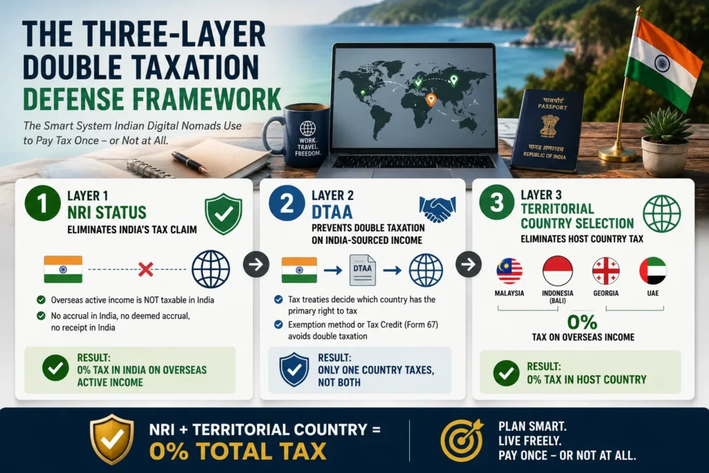 Three-layer framework showing how Indian digital nomads avoid double taxation through NRI status, DTAA credits and territorial tax countries