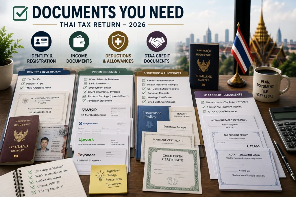 Complete documentation checklist for how to report foreign income Thailand digital nomads, including income, tax, and financial records