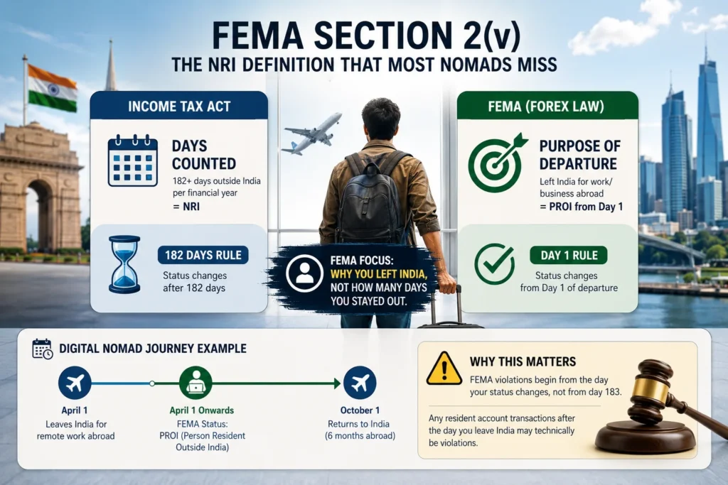India FEMA regulations digital nomads explaining the FEMA Section 2(v) residency definition for Indians living and working abroad