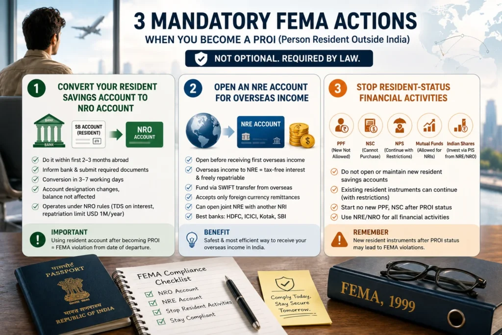 India FEMA regulations digital nomads showing three mandatory FEMA actions after becoming a Person Resident Outside India