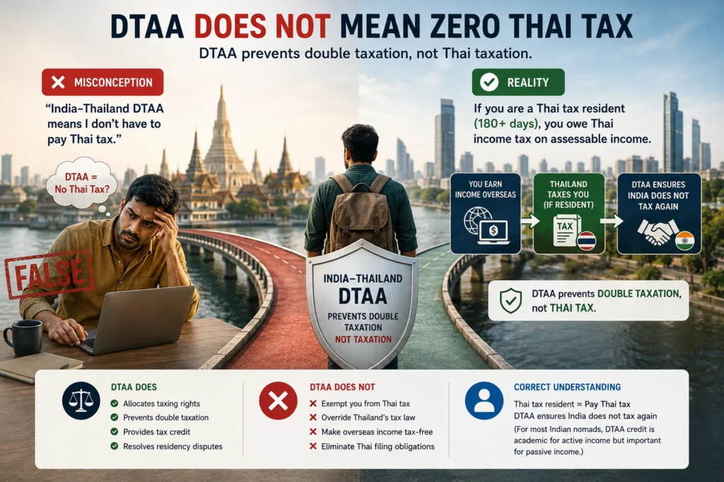 Explaining the common misconception that India-Thailand DTAA digital nomads are exempt from Thai income tax under the India-Thailand Double Tax Avoidance Agreement.